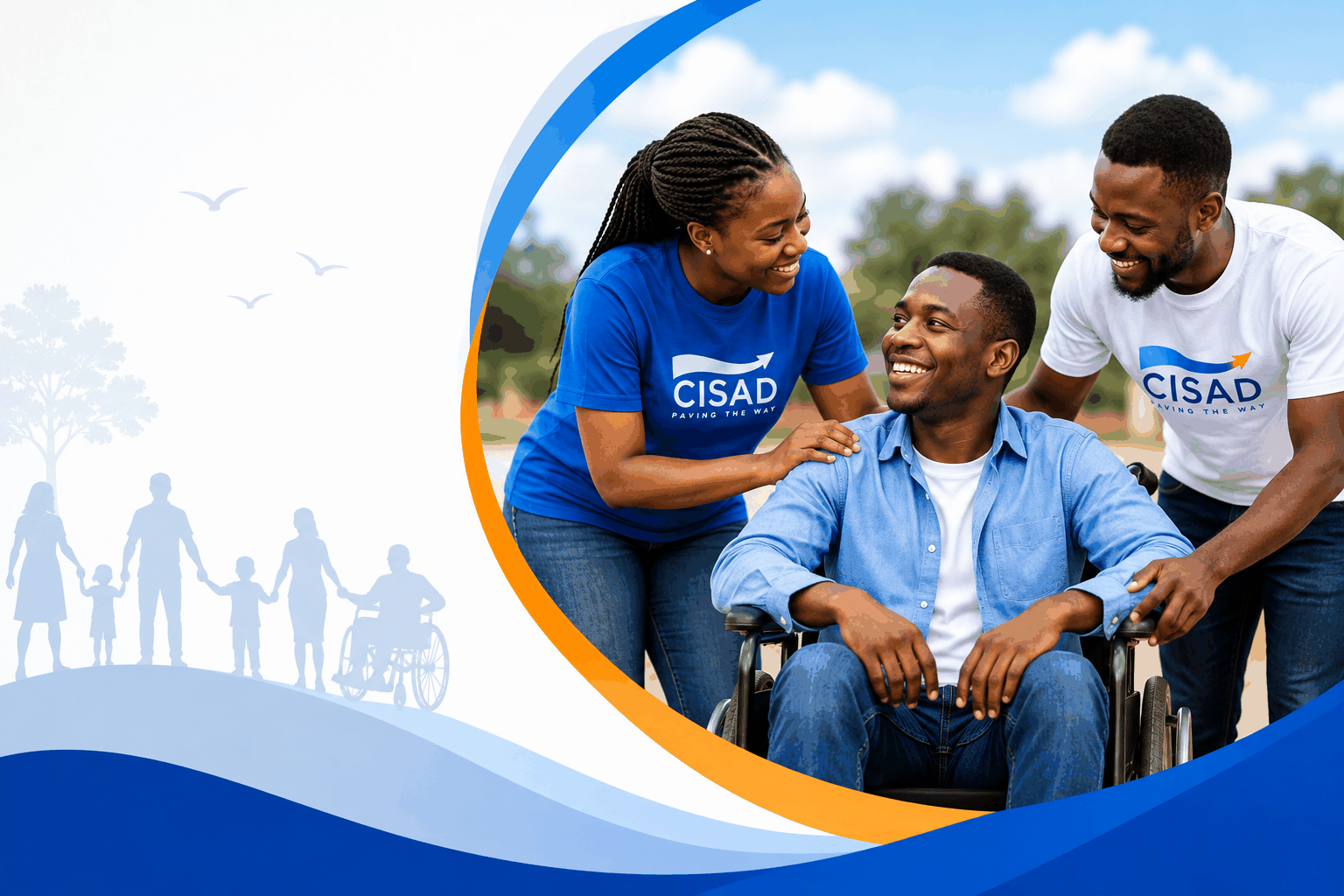 Group of diverse friends, including a person in a wheelchair, enjoying a sunny day at the park.